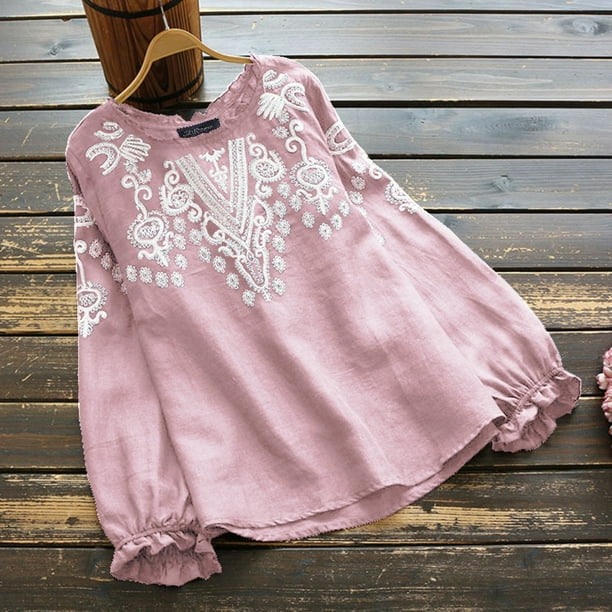 Womens Casual Loose Blouse Cuffed Sleeve Summer Cotton Linen Button Floral Embroidery Shirt Tops Womens Casual Loose Blouse Cuffed Sleeve Summer Cotton Linen Button Floral Embroidery Shirt Tops